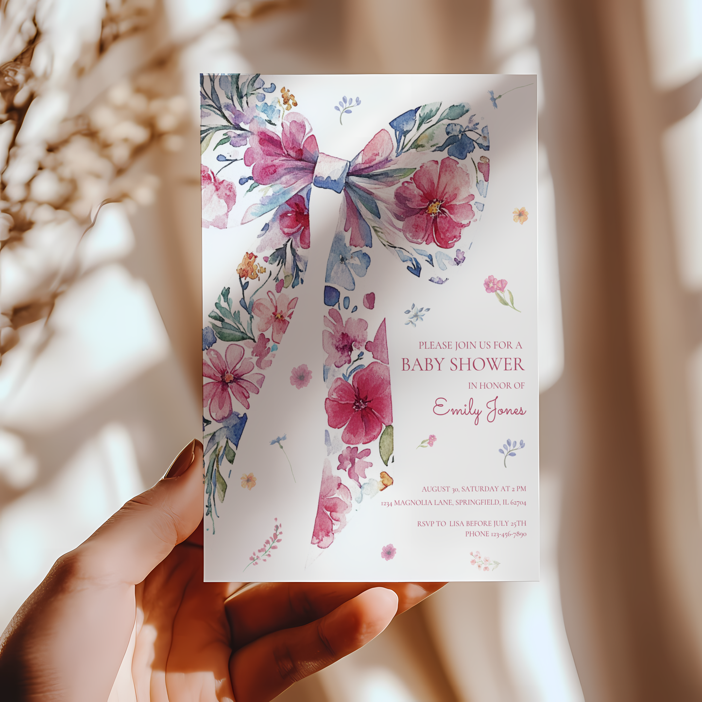 Baby Shower Invitation - Floral Bow with Wildflowers Watercolor BS79