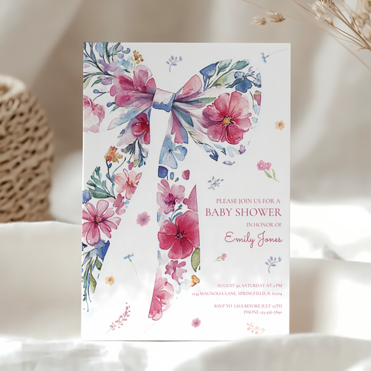 Baby Shower Invitation - Floral Bow with Wildflowers Watercolor BS79