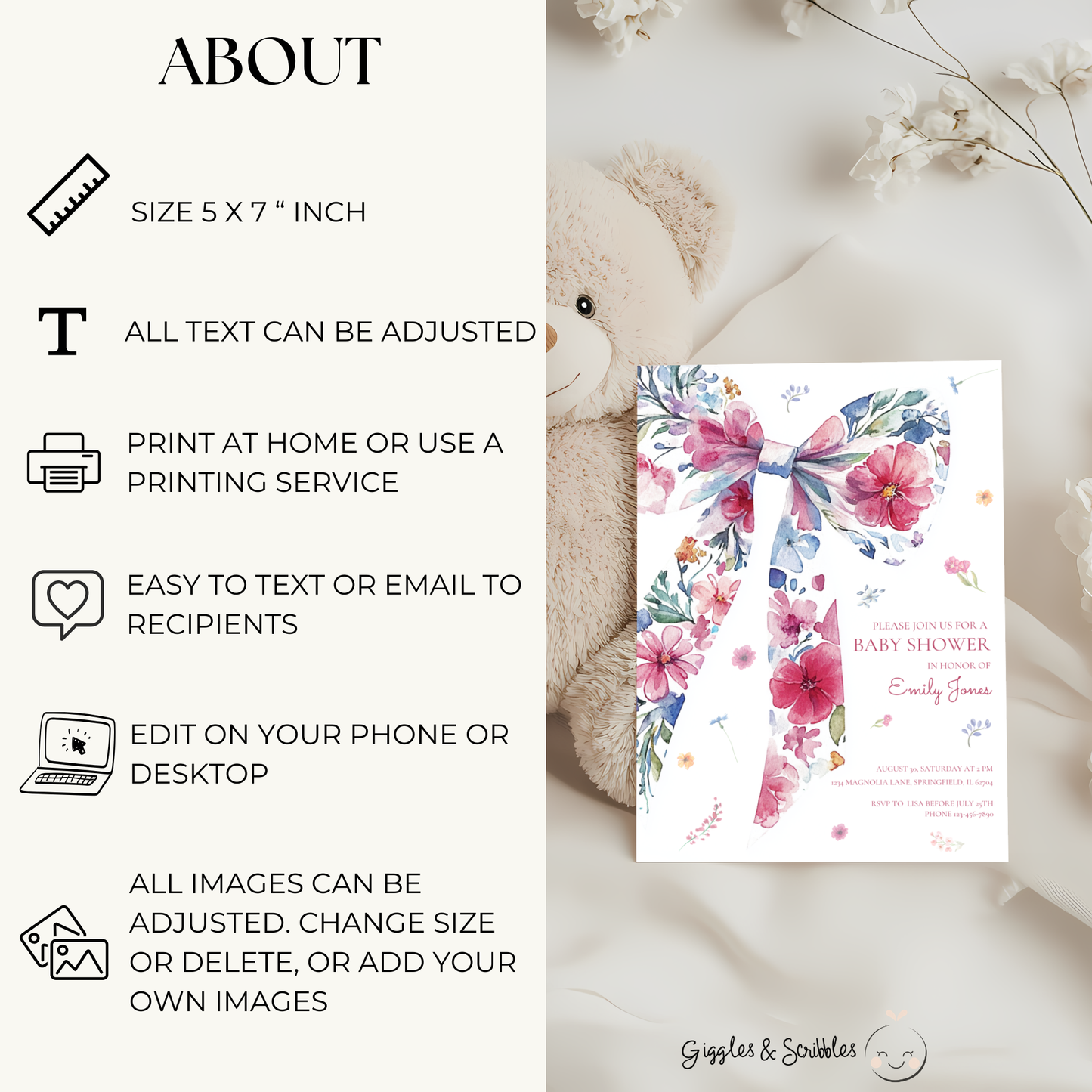 Baby Shower Invitation - Floral Bow with Wildflowers Watercolor BS79