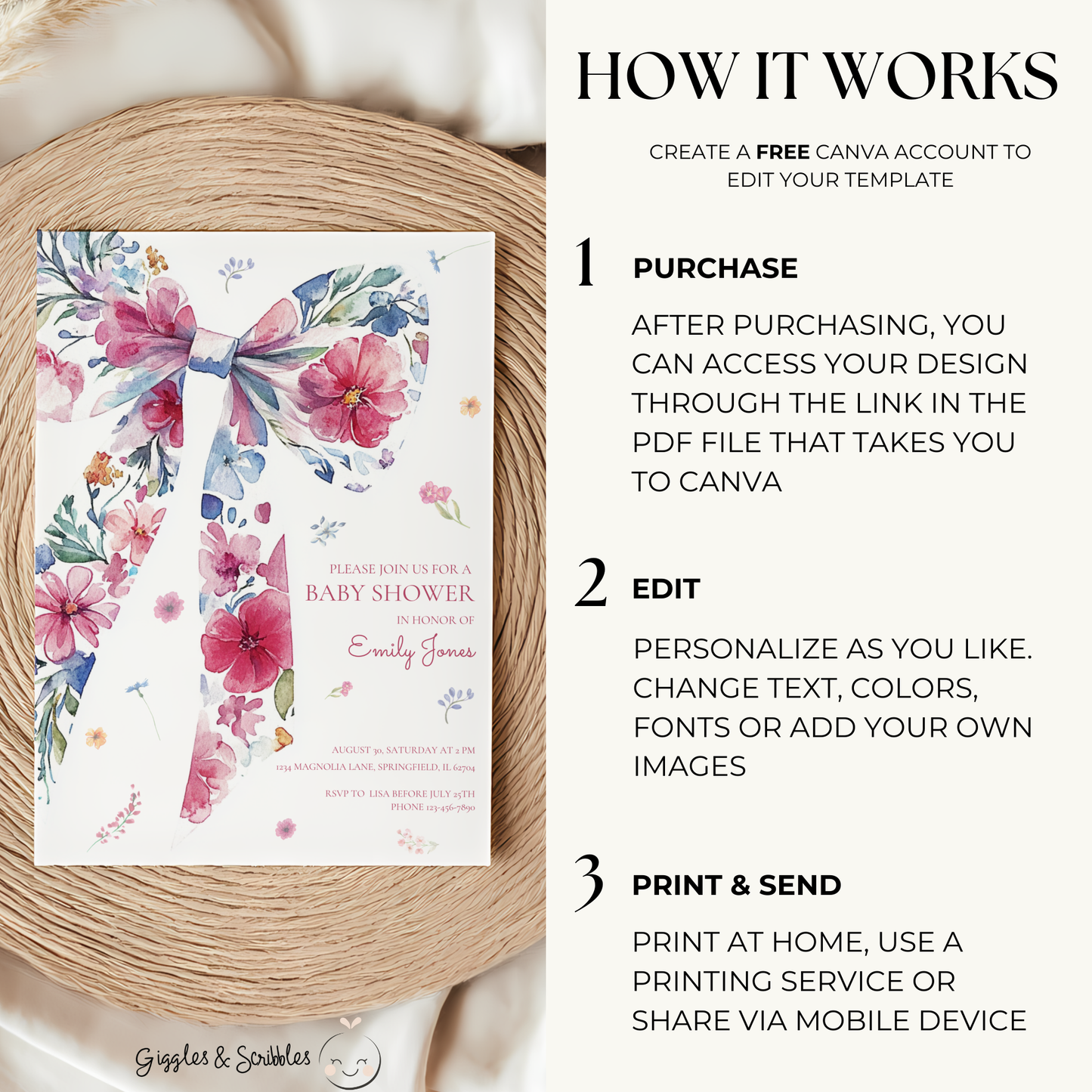 Baby Shower Invitation - Floral Bow with Wildflowers Watercolor BS79