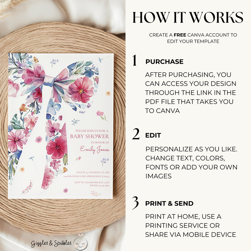 Baby Shower Invitation - Floral Bow with Wildflowers Watercolor BS79