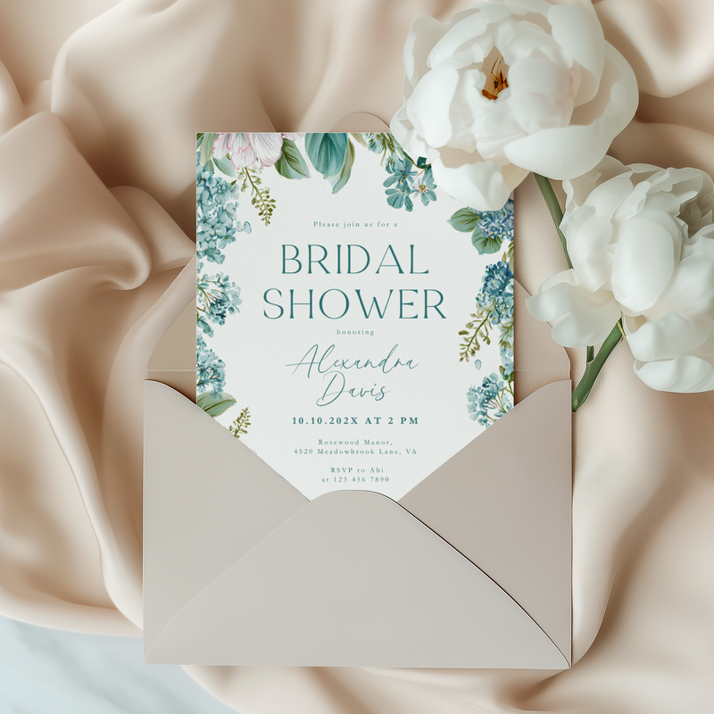 Teal Blue Floral Bridal Shower Invitation L87