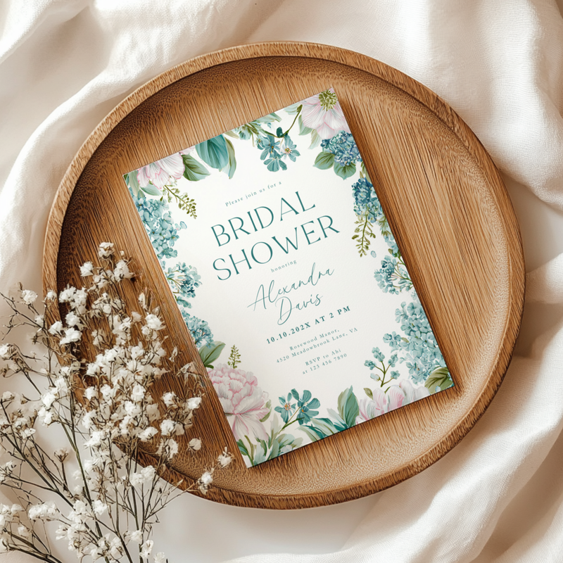 Teal Blue Floral Bridal Shower Invitation L87