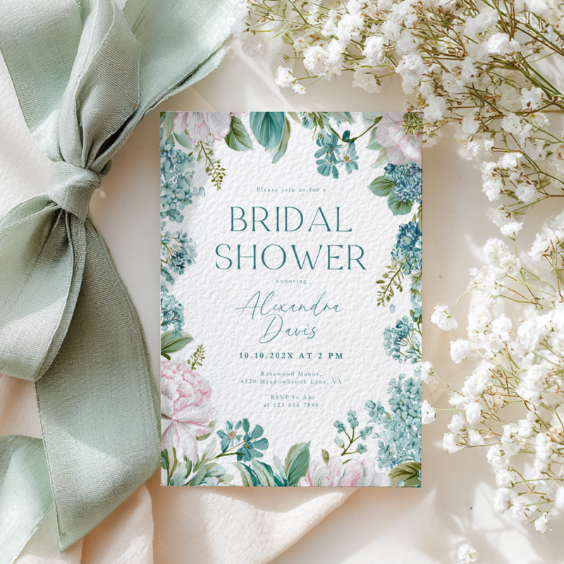 Teal Blue Floral Bridal Shower Invitation L87