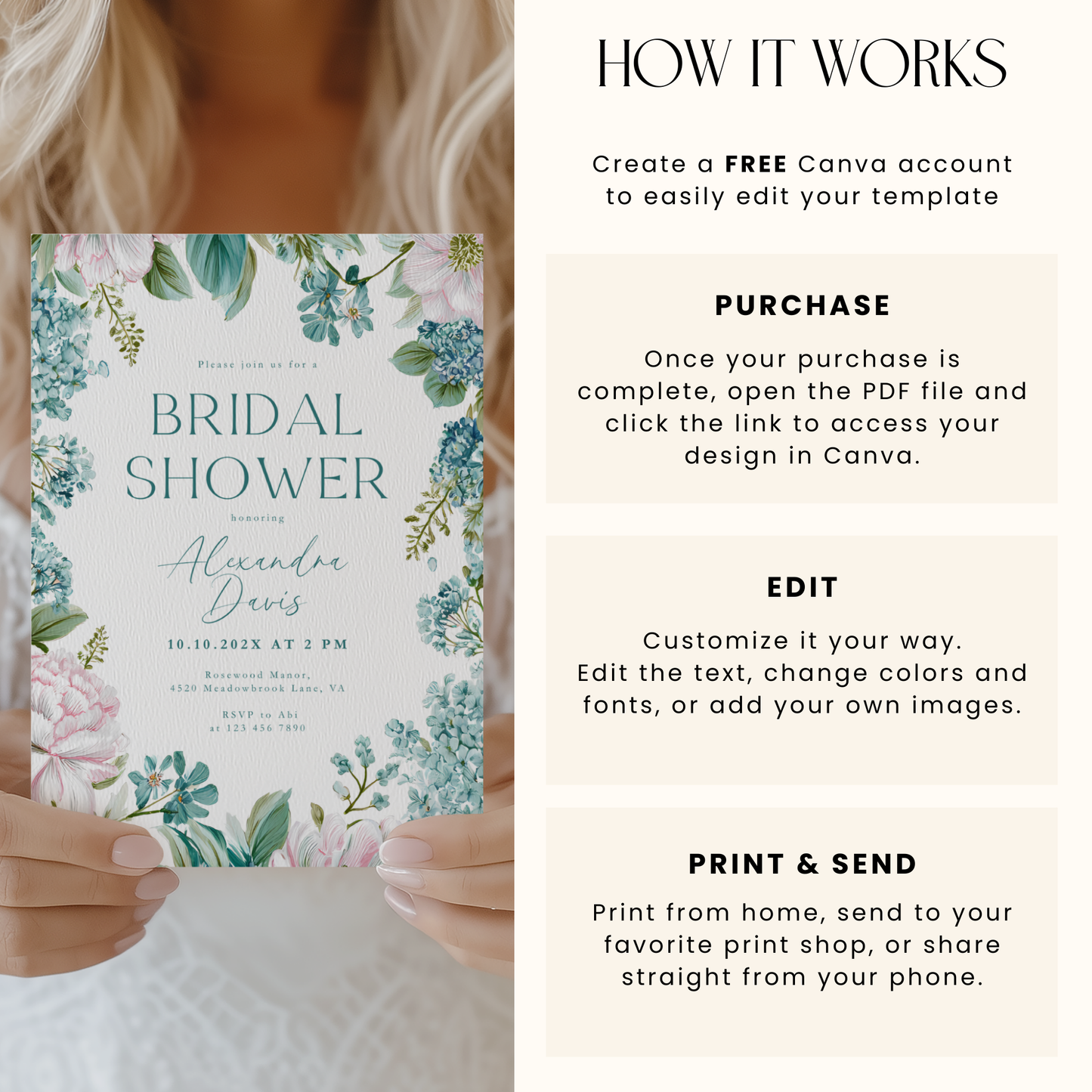 Teal Blue Floral Bridal Shower Invitation L87