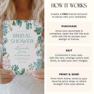 Teal Blue Floral Bridal Shower Invitation L87