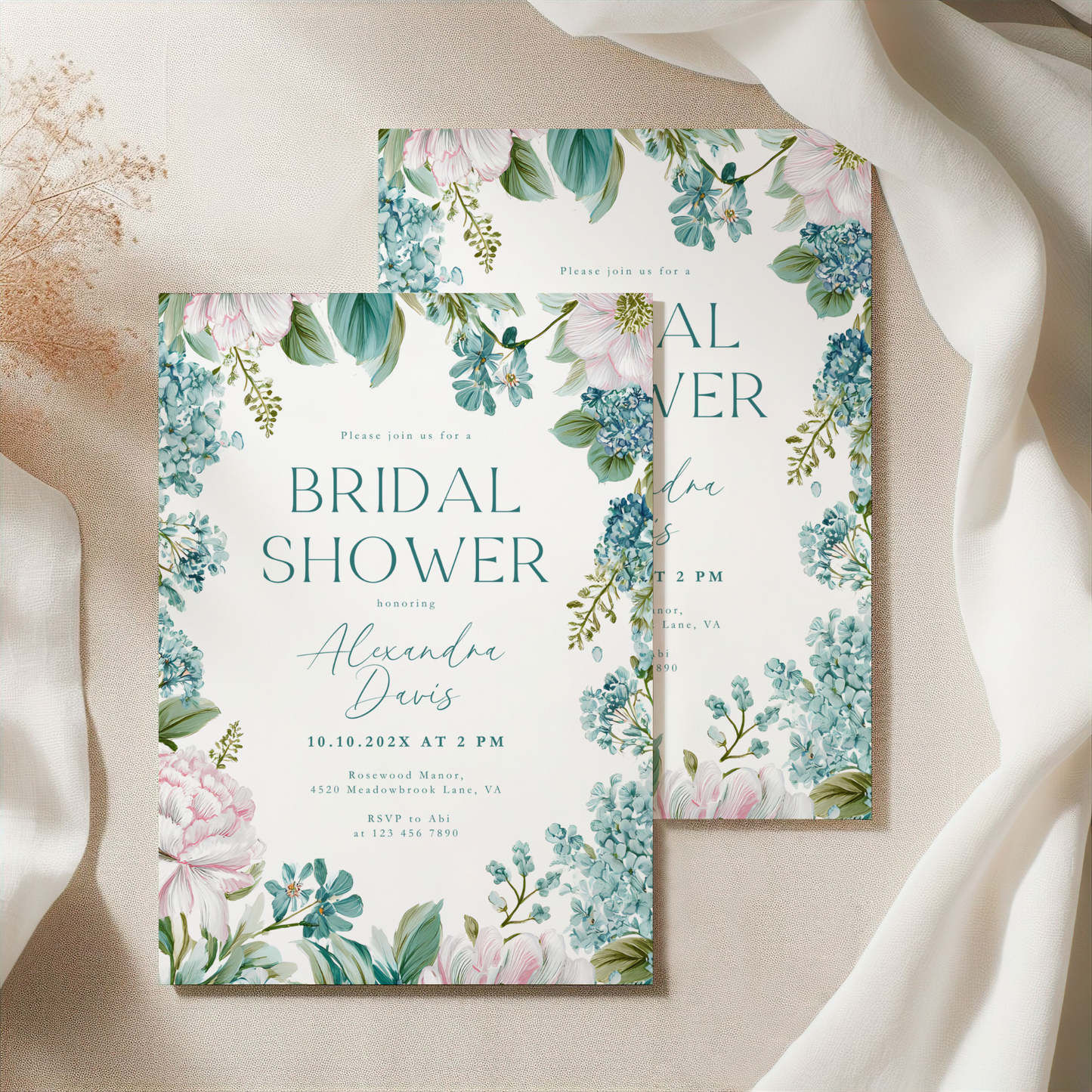 Teal Blue Floral Bridal Shower Invitation L87