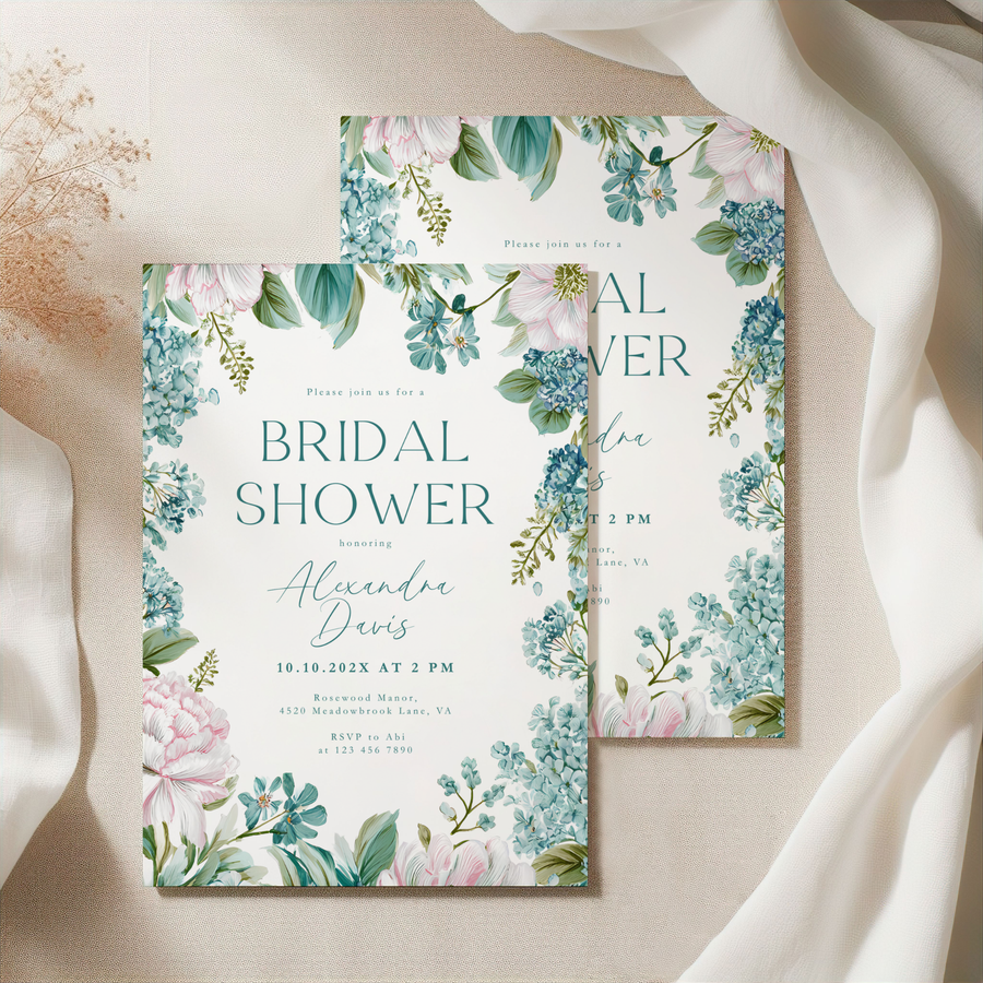 Teal Blue Floral Bridal Shower Invitation L87