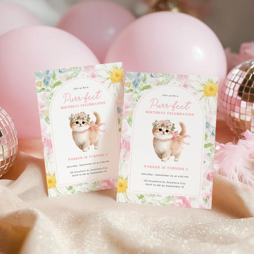 Floral Cat Birthday Party Invitation L130