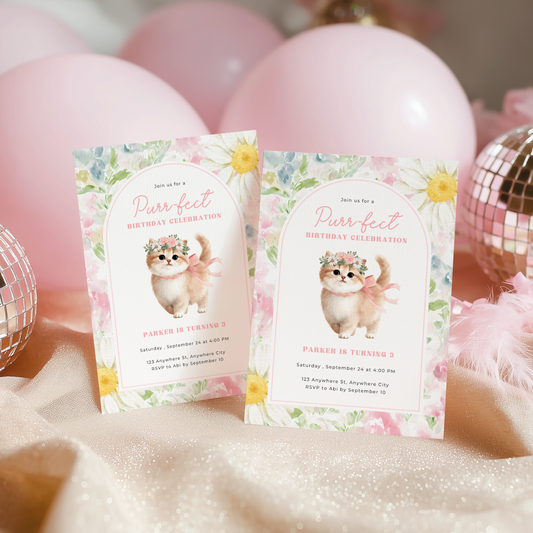 Floral Cat Birthday Party Invitation L130