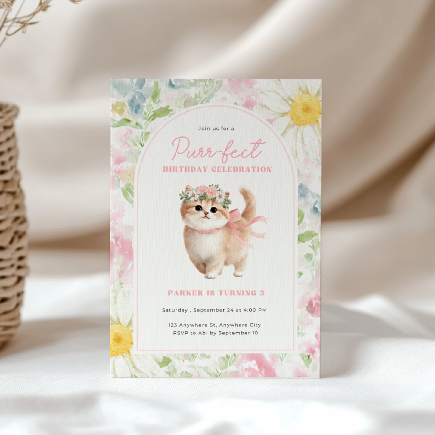 Floral Cat Birthday Party Invitation L130
