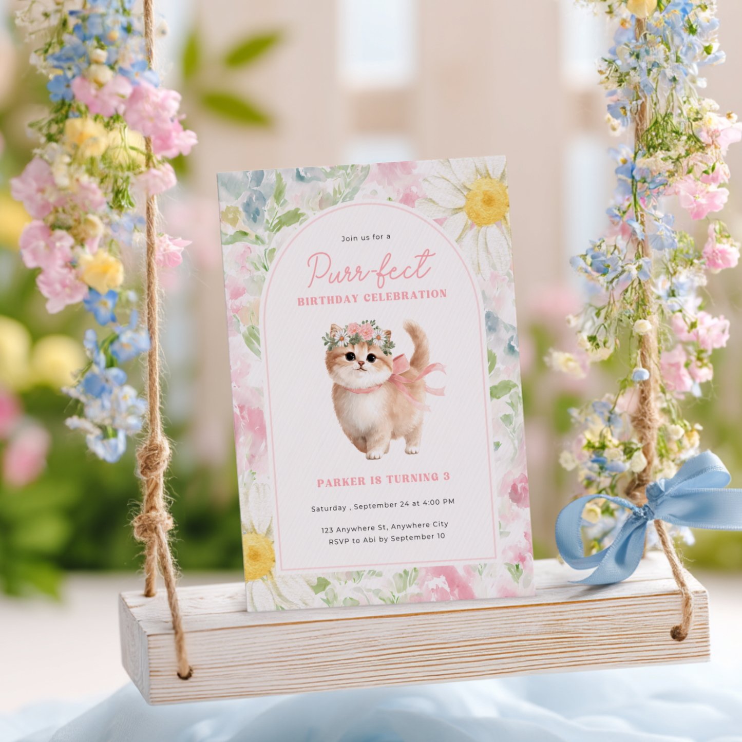 Floral Cat Birthday Party Invitation L130