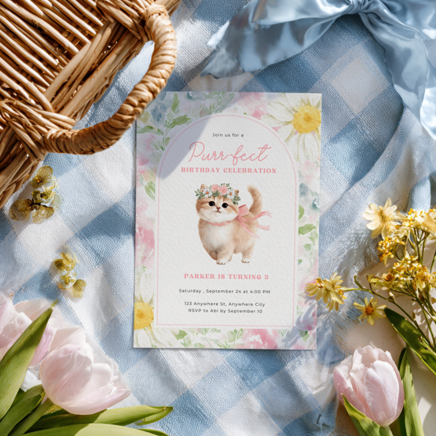 Floral Cat Birthday Party Invitation L130