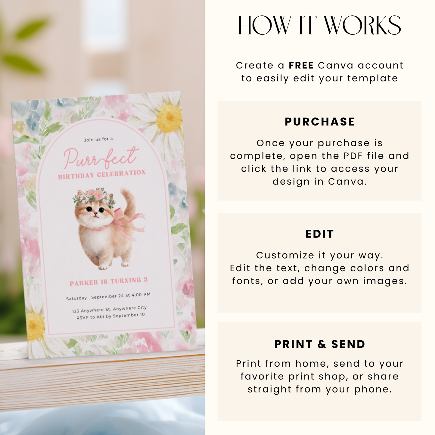 Floral Cat Birthday Party Invitation L130