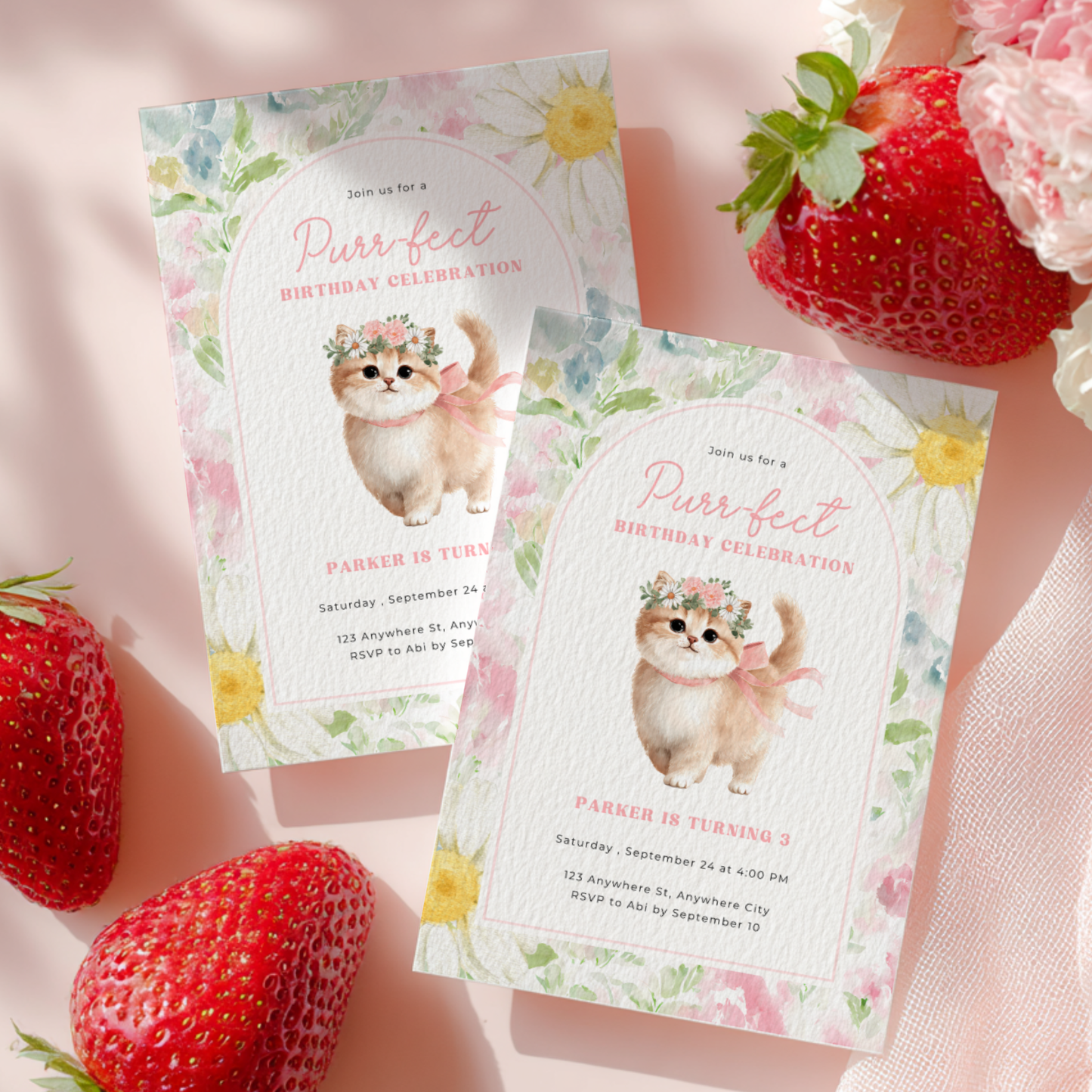 Floral Cat Birthday Party Invitation L130