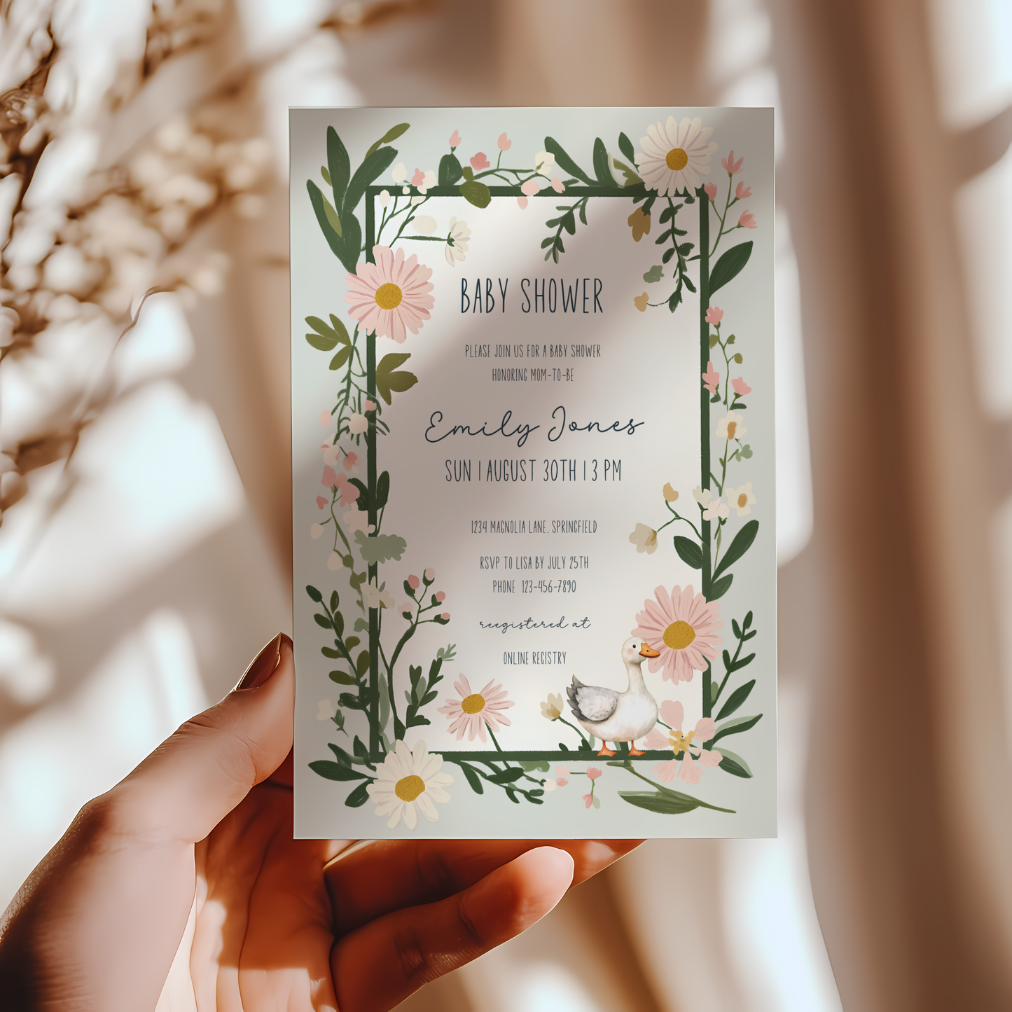 Baby Shower Invitation - Floral Goose Spring Daisies Vintage Green BS124