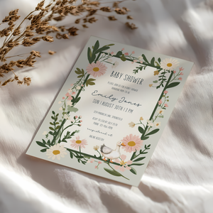Baby Shower Invitation - Floral Goose Spring Daisies Vintage Green BS124