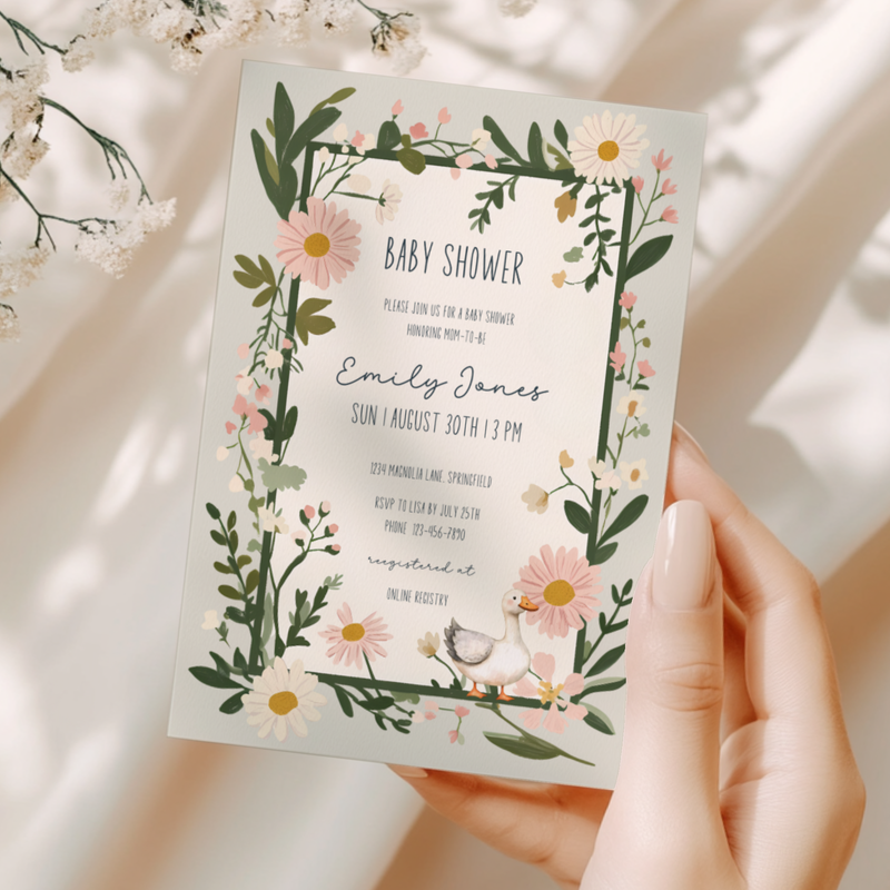 Baby Shower Invitation - Floral Goose Spring Daisies Vintage Green BS124