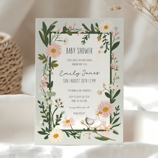 Baby Shower Invitation - Floral Goose Spring Daisies Vintage Green BS124