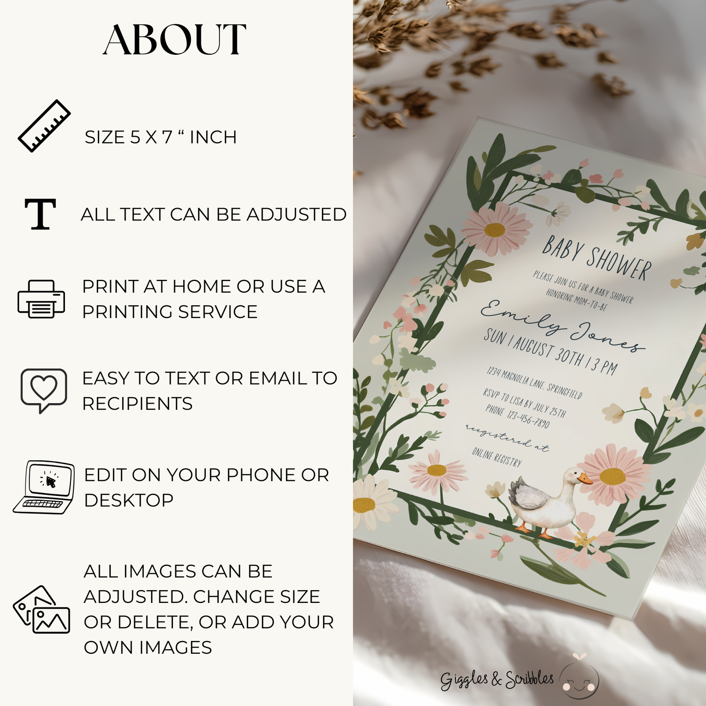 Baby Shower Invitation - Floral Goose Spring Daisies Vintage Green BS124