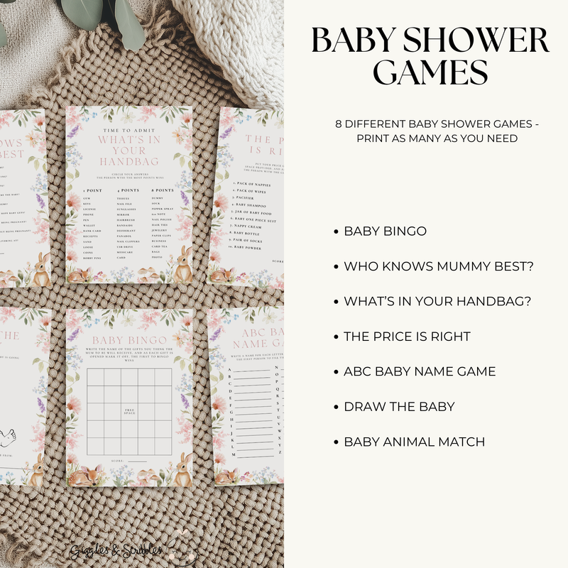 Floral Woodland Baby Shower Games Bundle BS188