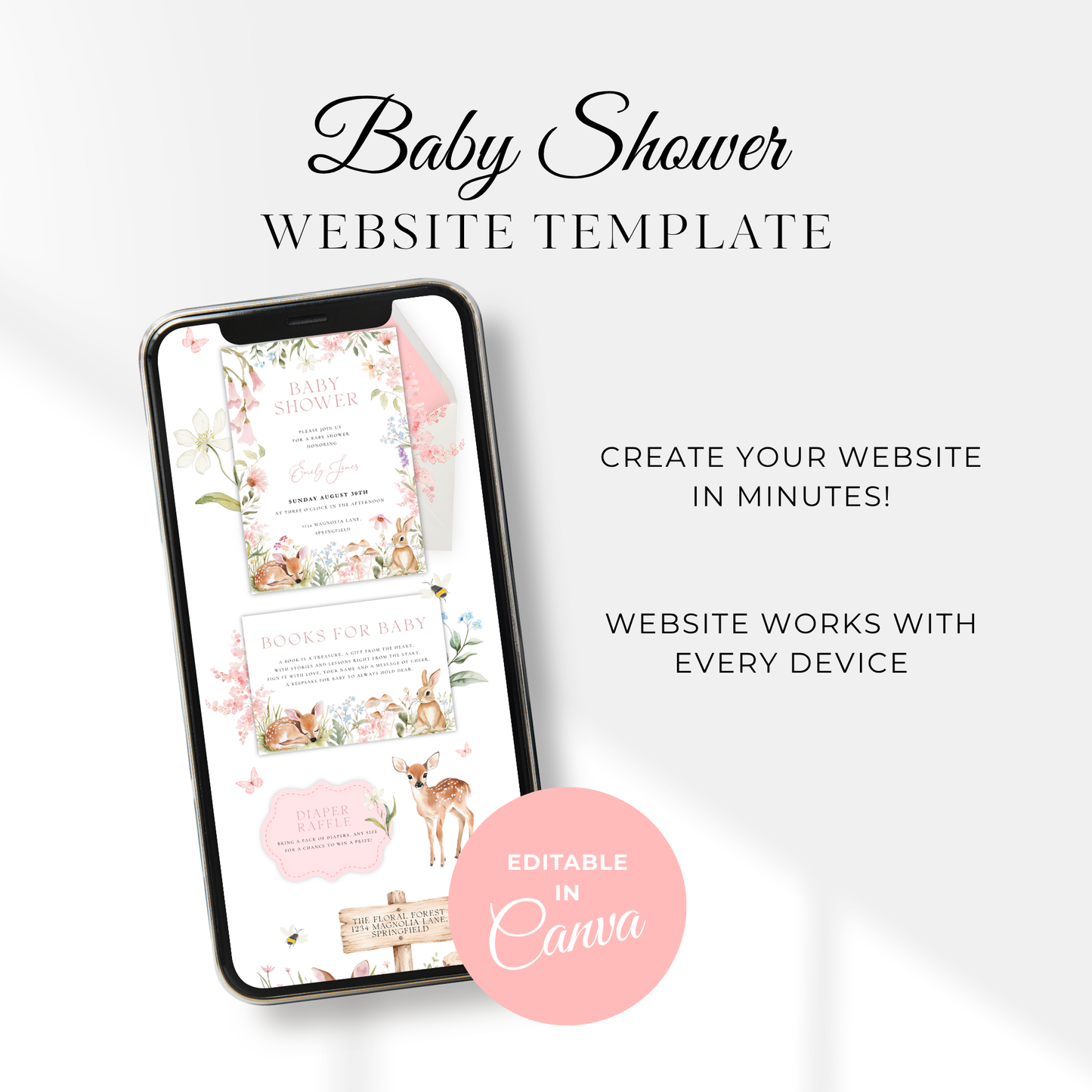 Floral Woodland Baby Shower Website Template - Editable RSVP Website BS188