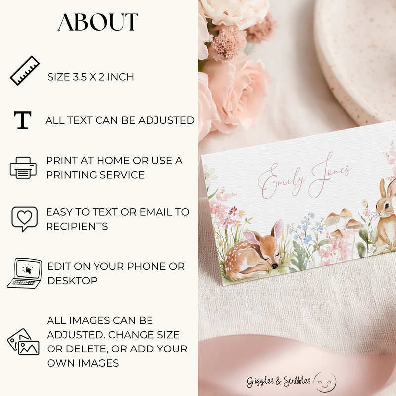 Floral Woodland Place Cards with Deer and Bunny BS188
