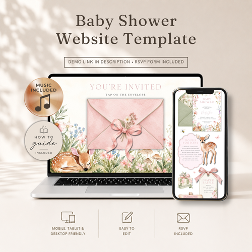 Floral Woodland Baby Shower Website Invitation with RSVP | Music Included BS188