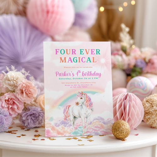Four Ever Magical Unicorn 4th Birthday Invitation L83