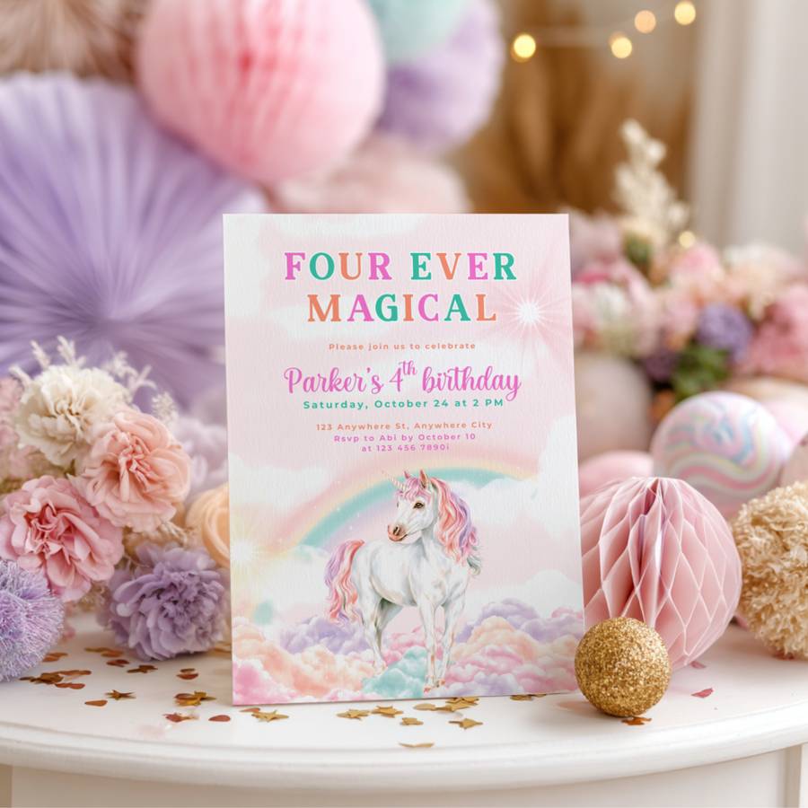 Four Ever Magical Unicorn 4th Birthday Invitation L83