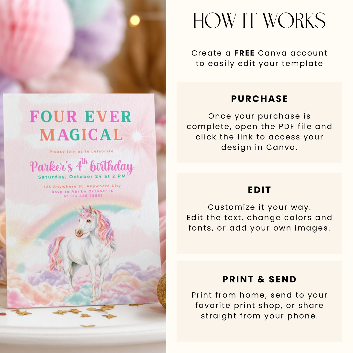 Four Ever Magical Unicorn 4th Birthday Invitation L83