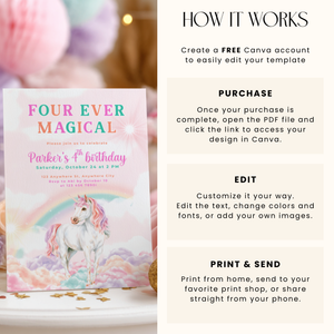Four Ever Magical Unicorn 4th Birthday Invitation L83