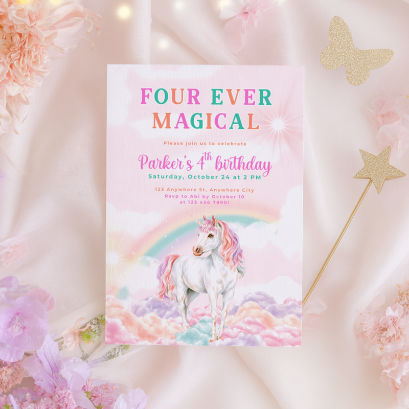 Four Ever Magical Unicorn 4th Birthday Invitation L83