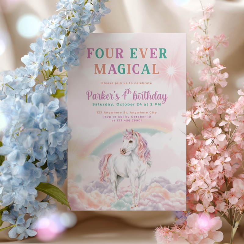 Four Ever Magical Unicorn 4th Birthday Invitation L83