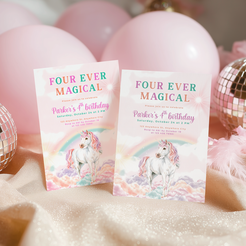 Four Ever Magical Unicorn 4th Birthday Invitation L83