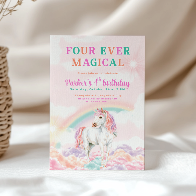 Four Ever Magical Unicorn 4th Birthday Invitation L83