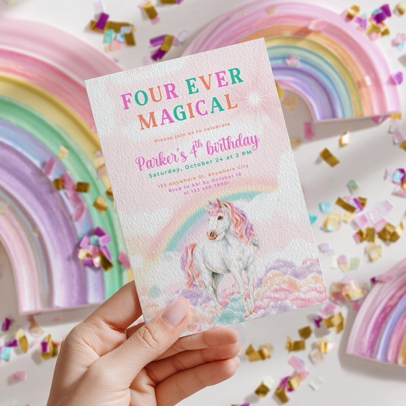 Four Ever Magical Unicorn 4th Birthday Invitation L83