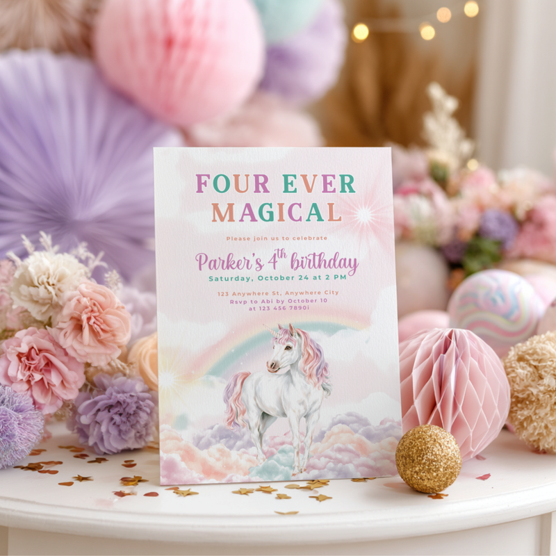 Four Ever Magical Unicorn 4th Birthday Invitation L83