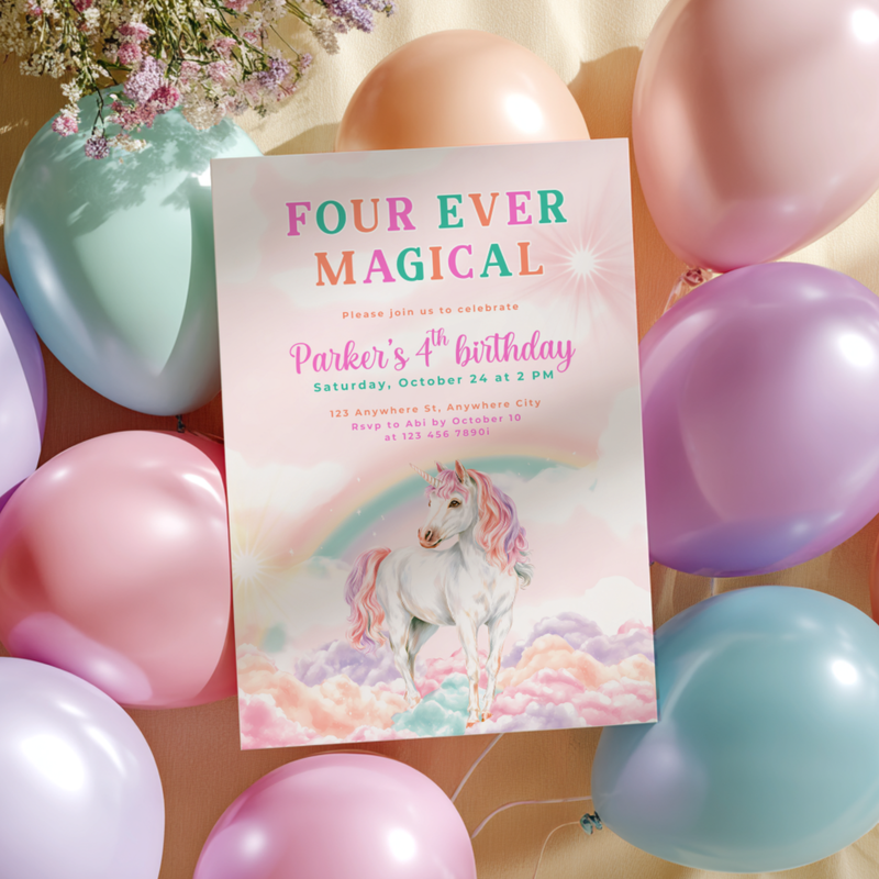 Four Ever Magical Unicorn 4th Birthday Invitation L83