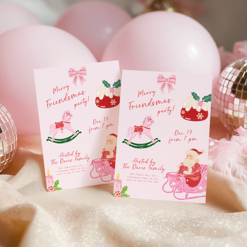 Pink Friendsmas Christmas Party Invitation Hand Drawn L50