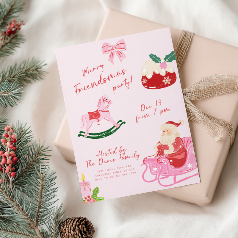 Pink Friendsmas Christmas Party Invitation Hand Drawn L50