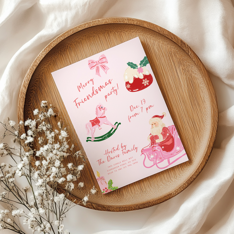Pink Friendsmas Christmas Party Invitation Hand Drawn L50
