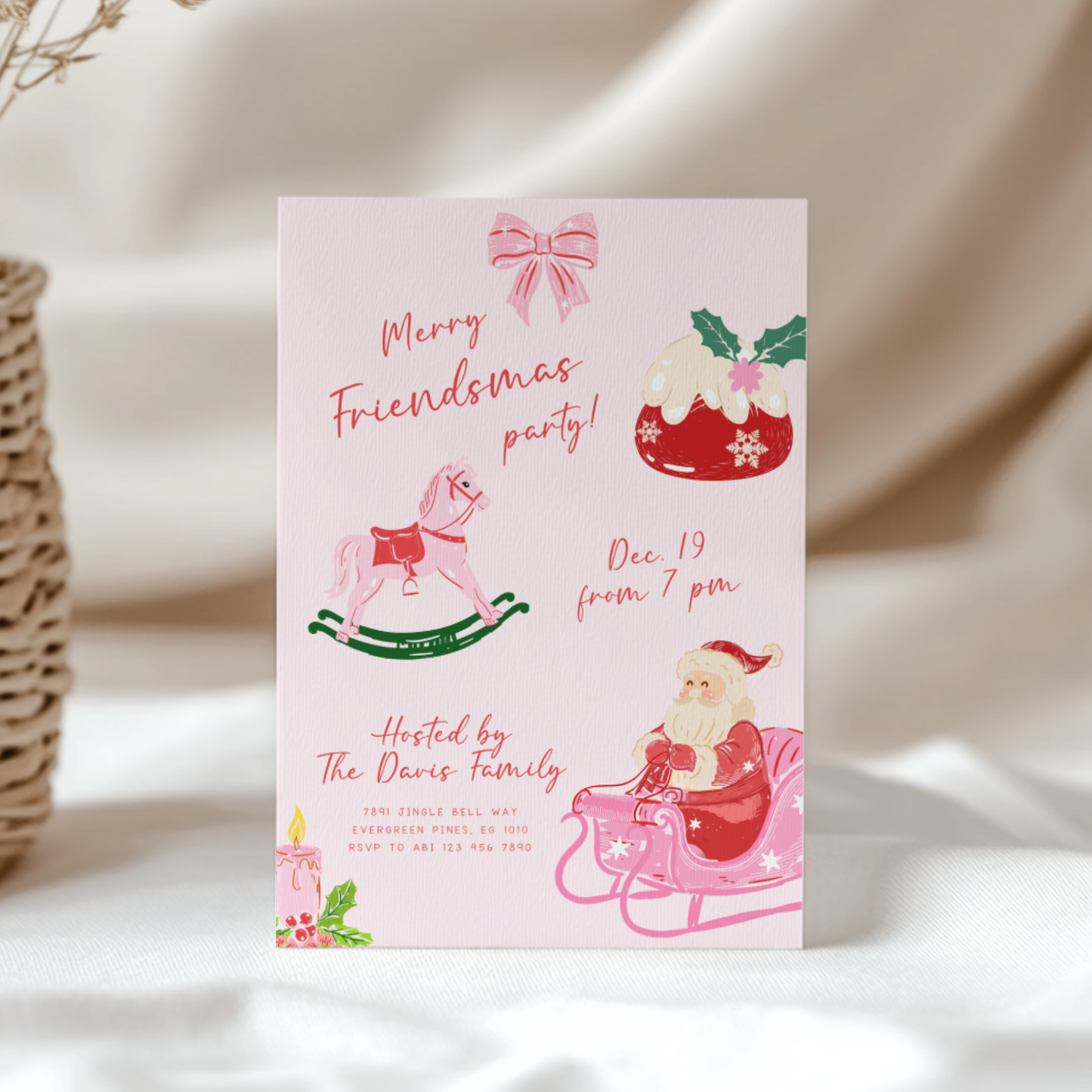 Pink Friendsmas Christmas Party Invitation Hand Drawn L50
