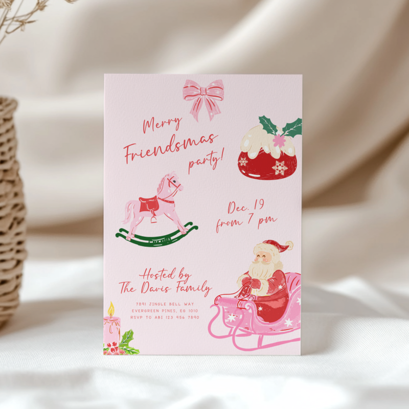 Pink Friendsmas Christmas Party Invitation Hand Drawn L50