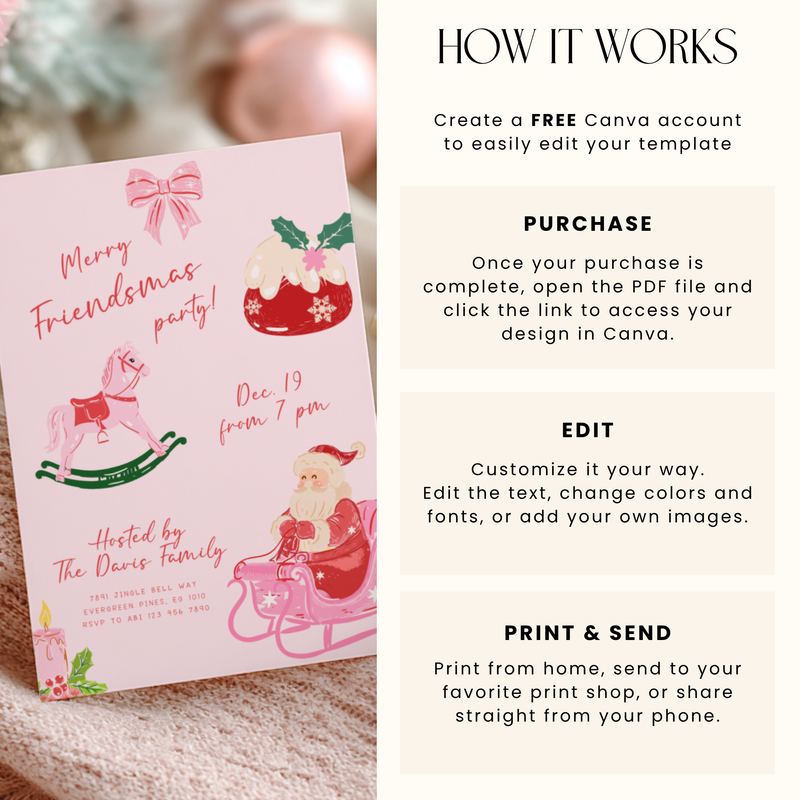 Pink Friendsmas Christmas Party Invitation Hand Drawn L50
