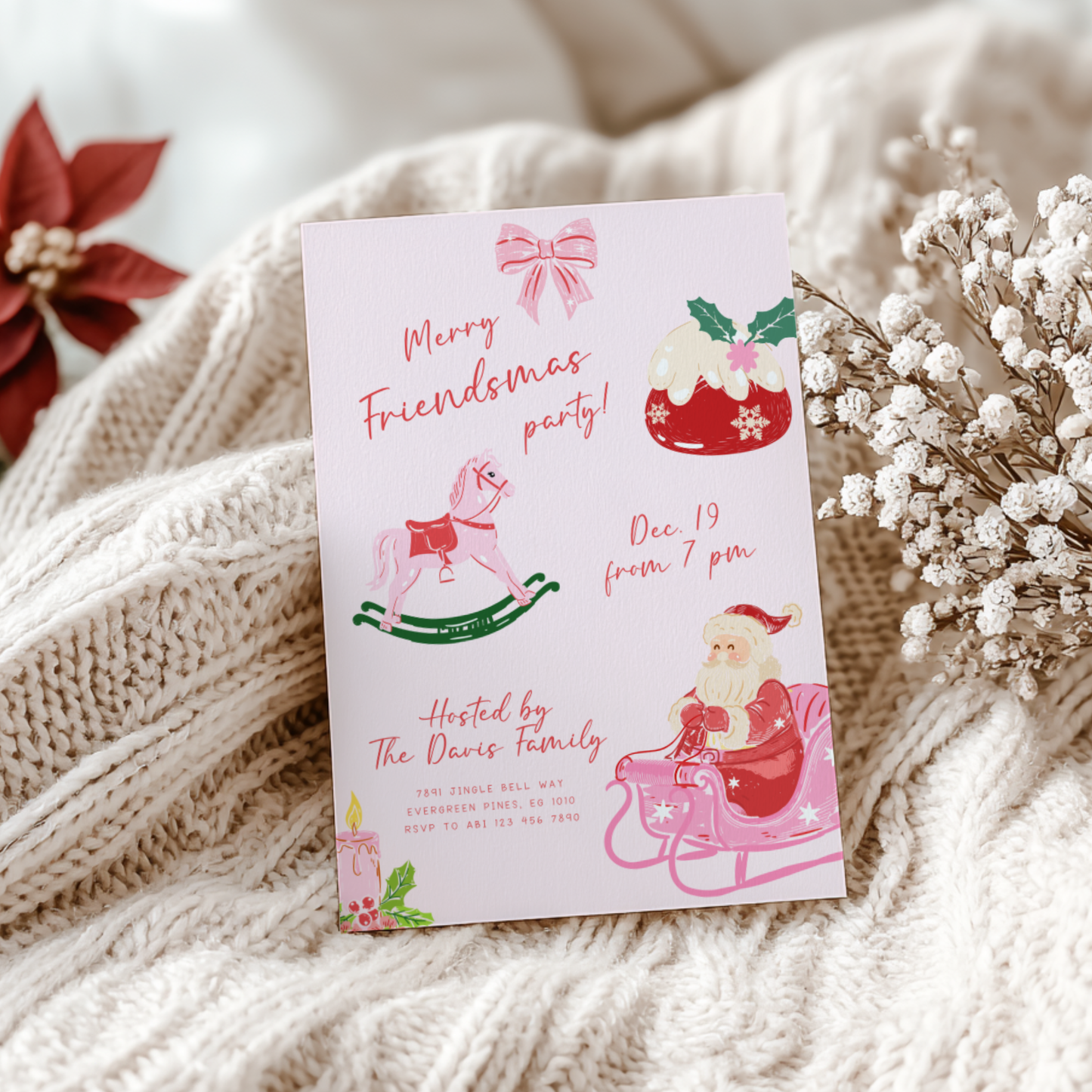 Pink Friendsmas Christmas Party Invitation Hand Drawn L50