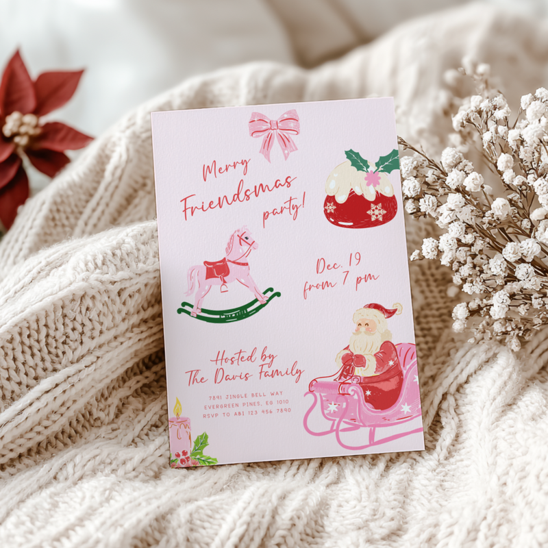 Pink Friendsmas Christmas Party Invitation Hand Drawn L50