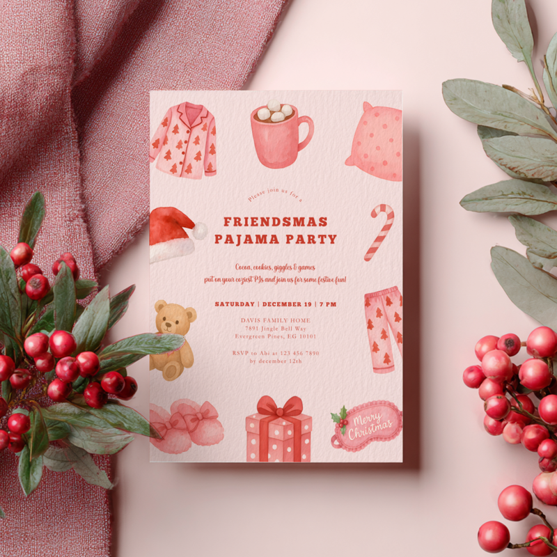 Friendsmas Pajama Party Invitation Template  - Girls Movie Night Christmas Sleepover L32