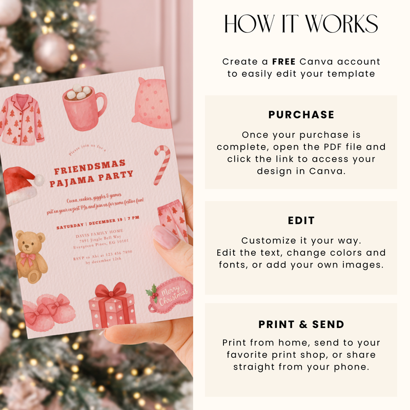 Friendsmas Pajama Party Invitation Template  - Girls Movie Night Christmas Sleepover L32