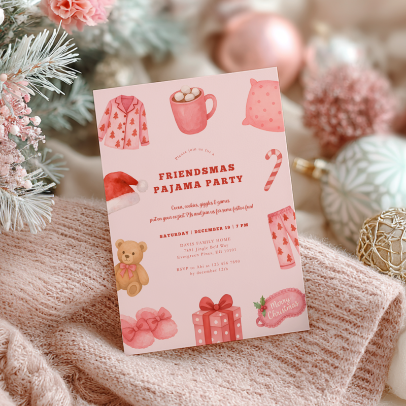 Friendsmas Pajama Party Invitation Template  - Girls Movie Night Christmas Sleepover L32